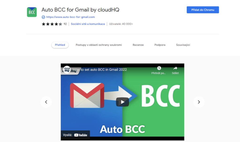 Snímek obrazovky aplikace Auto BCC for Gmail v Google Chromu.