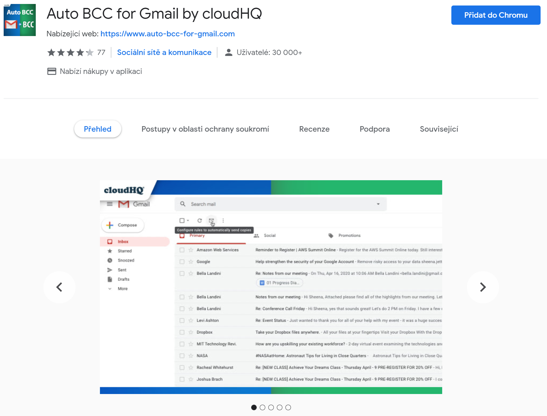 Snímek obrazovky doplňuje Auto BBC for Gmail v Chromu