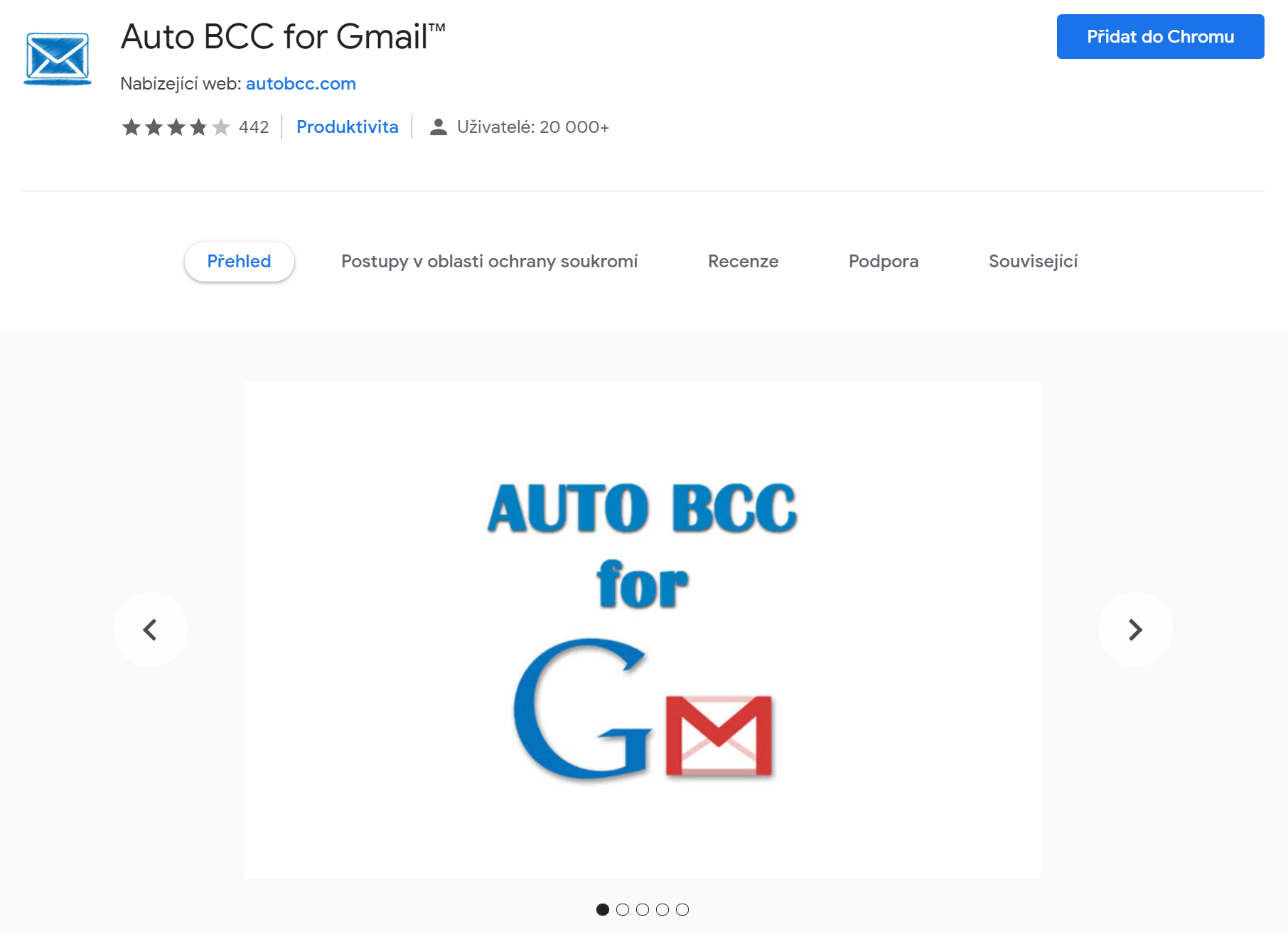 Snímek obrazovky aplikace Auto BBC for Gmail v Google Chrome.