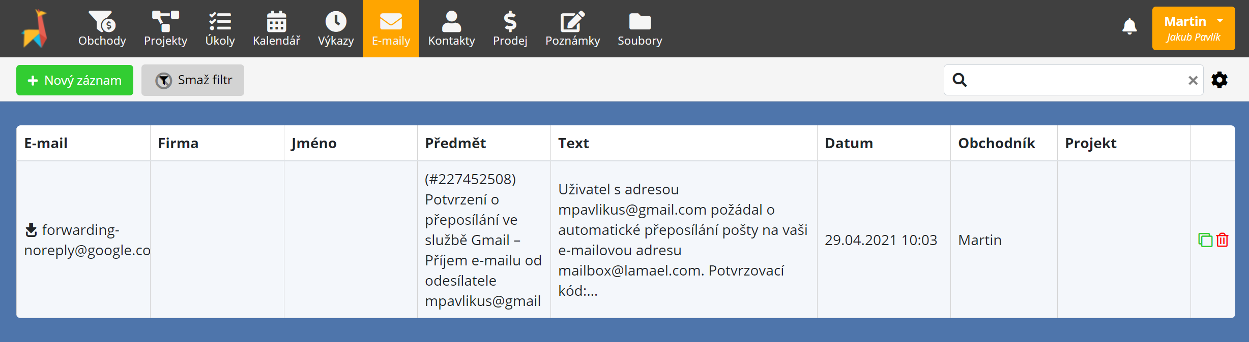 Snímek obrazovky z aplikace Lamael – stránka e-mail