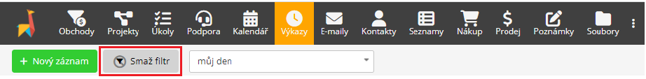 smazání filtru v aktivitách